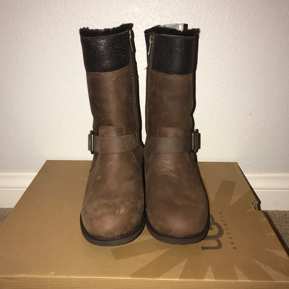 UGG Brown Leather Mid-Calf Shearling-Lined Boots with Buckle